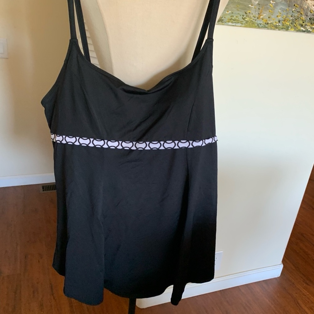 Black plus size Swim Dress with White Printed accent